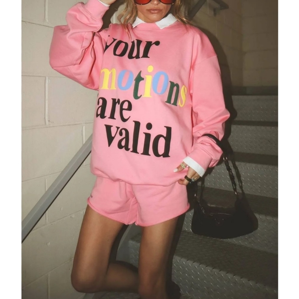The Mayfair Group | Emotions Are Valid Graphic Crewneck Sweatshirt in Pink